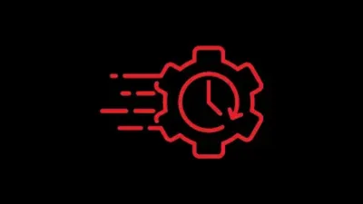 Red gear with a clock inside and motion lines, the UGC mark.